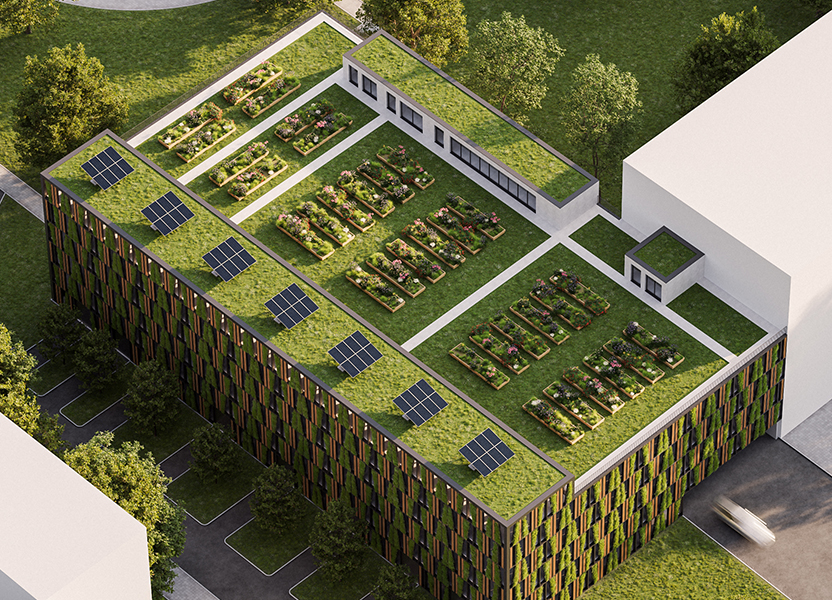 Photovoltaik-Anlage auf dem Dach mehrerer Parktürme