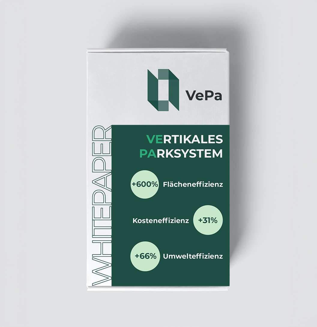Whitepaper about the vertical parking system by VePa (German): +600% space efficiency, +31% cost efficiency, +66% environmental efficiency
